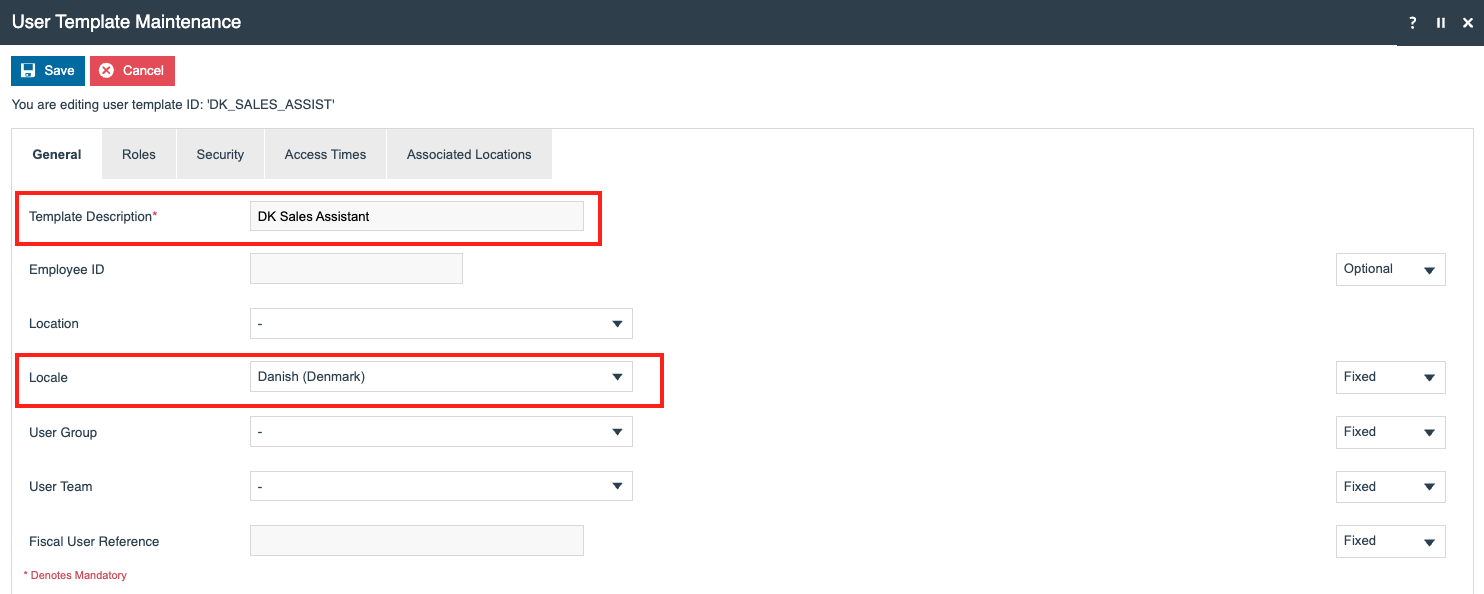 User Template General tab