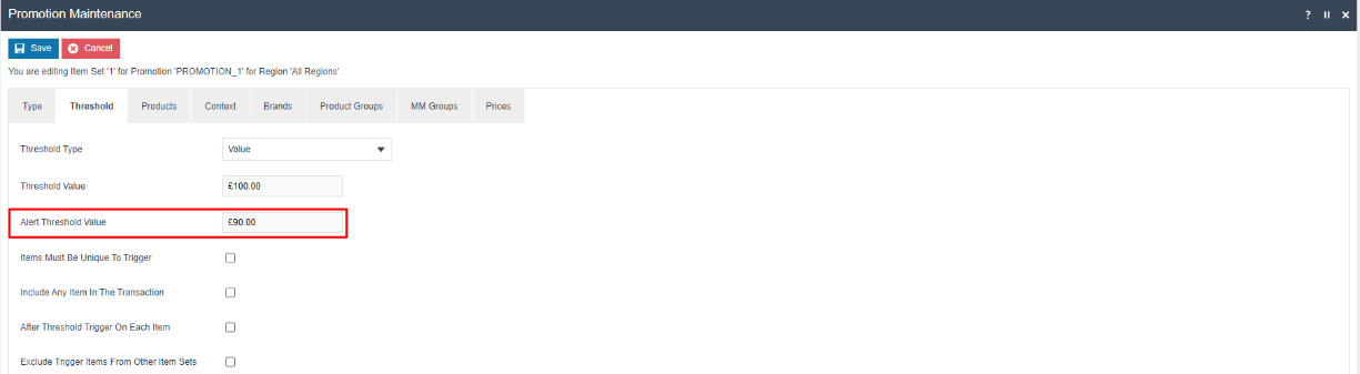 Promotion Maintenance Item Set Threshold tab. Threshold Value is 100.00, Alert Threshold Value is 90.00 and highlighted.
