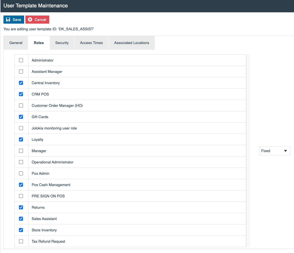 User Template Roles tab