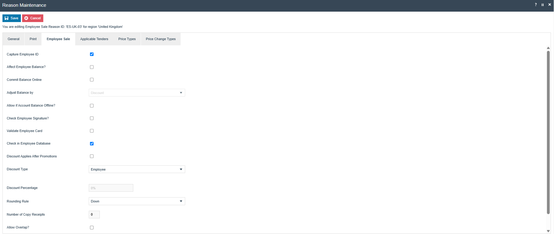 Employee Sale Reason Employee Sale tab showing employee validation and discount eligibility settings.
