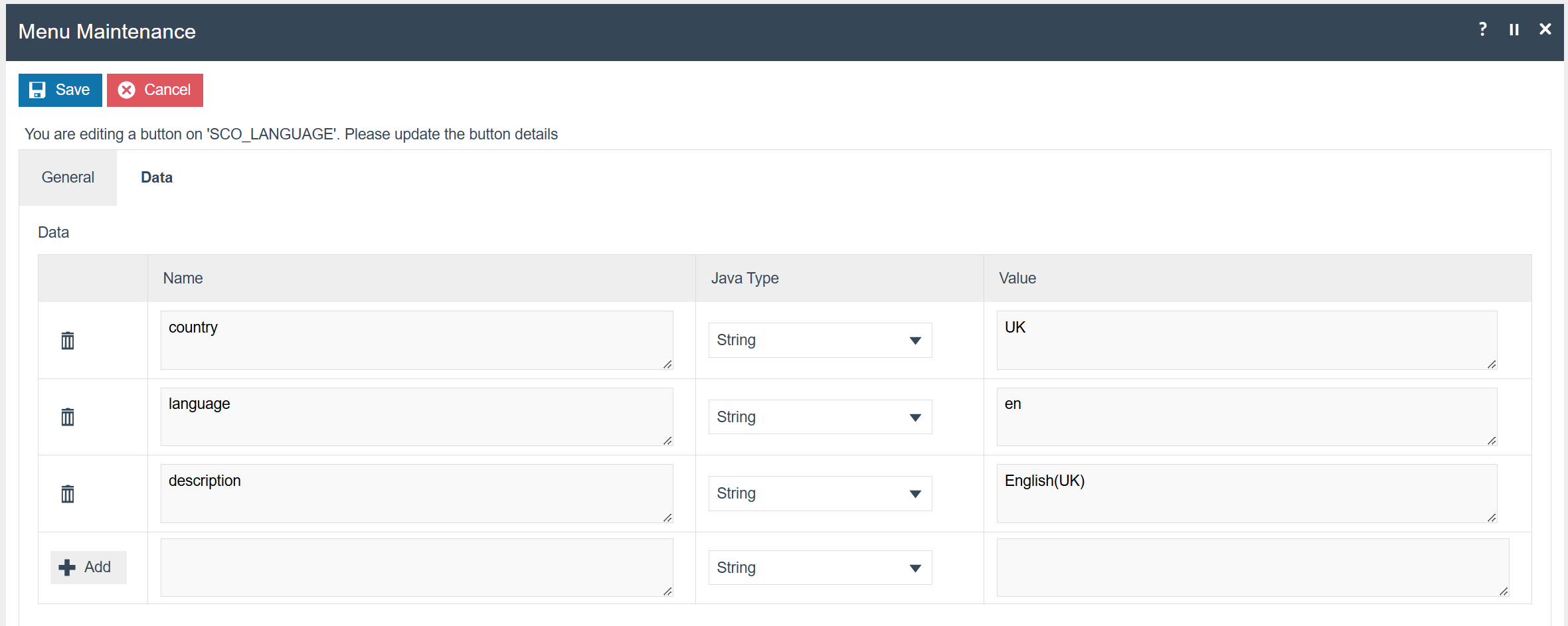Menu Maintenance Data tab showing three data entries: country set to UK, language set to en, and description set to English(UK)