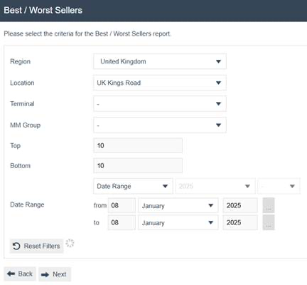 Best / Worst Sellers by Value filter screen with Region, Location, Terminal, and MM Group dropdowns, Top and Bottom set to 10, and Date Range fields.