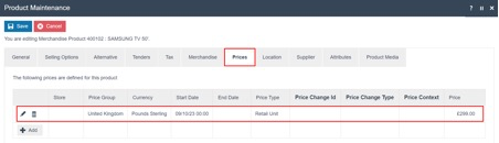 Product Maintenance Prices tab - price added
