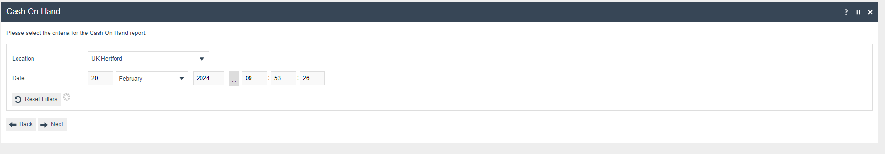 Cash On Hand filter screen with Location and Date fields.