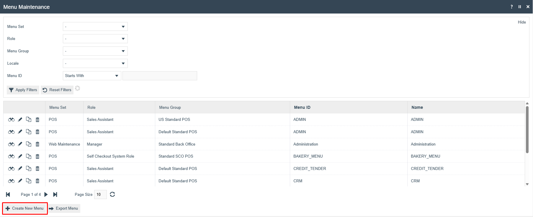 Menu Maintenance page with search filters and Create New Menu button.