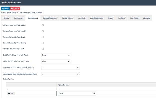 Tender Maintenance Restrictions 2 tab. All void prevention options are unchecked. Return Tenders shows Cards as an alternative refund tender.