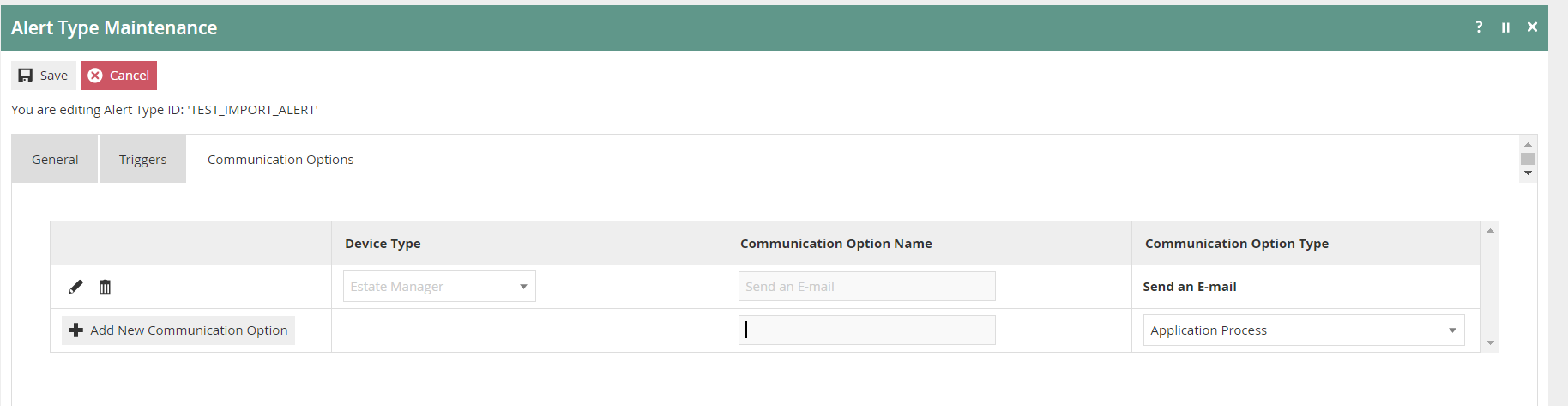 Alert Type Maintenance Communication Options tab showing the Send an E-mail communication option configured for Estate Manager