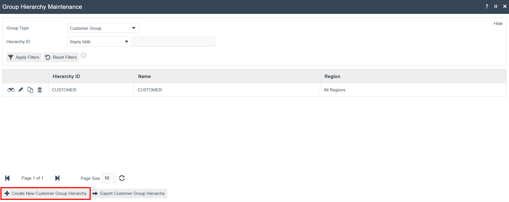 Group Hierarchy Maintenance list showing CUSTOMER hierarchy. Create New Customer Group Hierarchy button is highlighted.