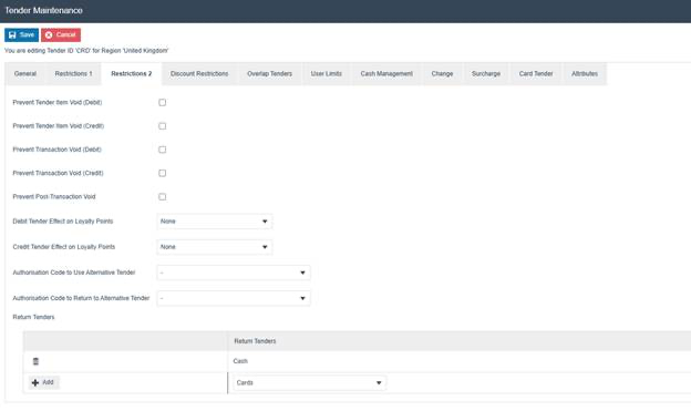 Tender Maintenance Restrictions 2 tab. All void prevention options are unchecked. Return Tenders shows Cash with a Cards dropdown for adding additional return tenders.