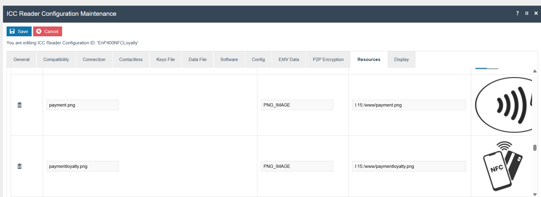 ICC Reader Configuration Maintenance Resources tab showing payment.png and paymentloyalty.png with their respective Deployment paths and PNG_IMAGE resource types.