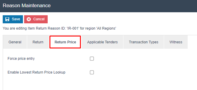 Reason Maintenance Return Price tab for IR-001. Force Price Entry is unchecked.