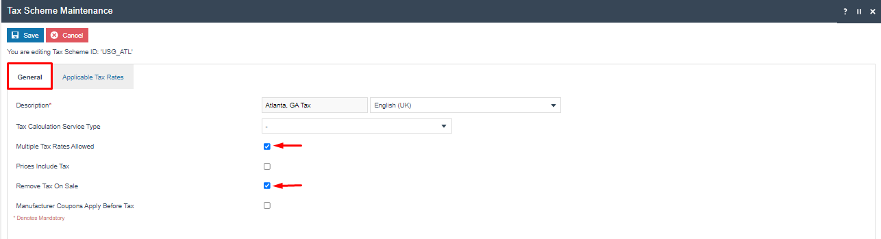 screenshot: Tax Scheme USG_ATL General tab with Multiple Tax Rates Allowed checked