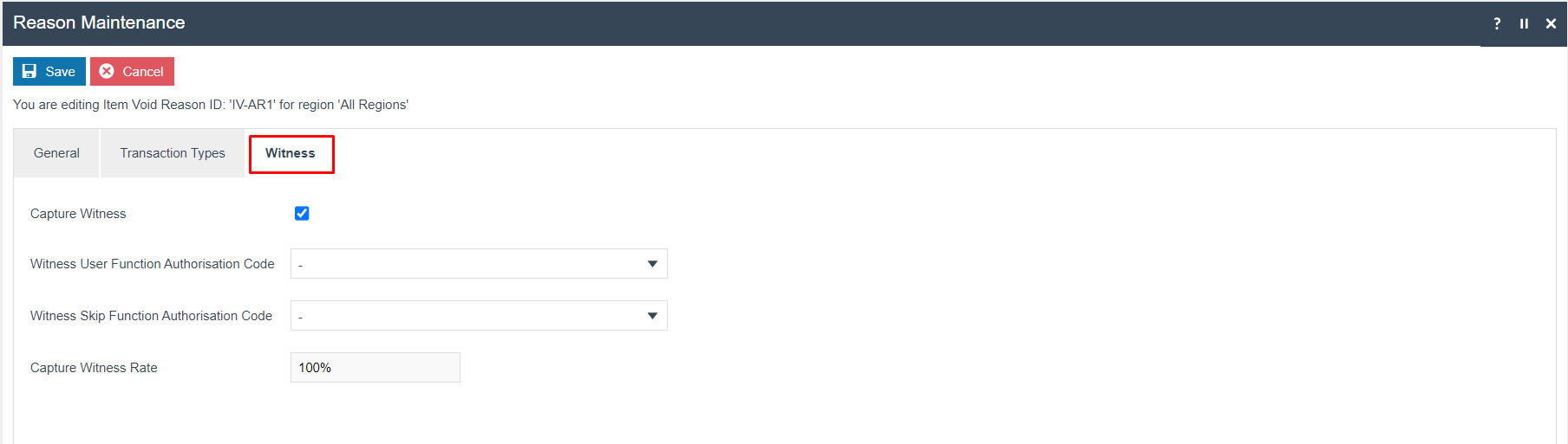 Reason Maintenance Witness tab for IV-AR1 with Capture Witness checked, Witness User and Skip Function Authorisation Codes set to default, and Capture Witness Rate set to 100%.