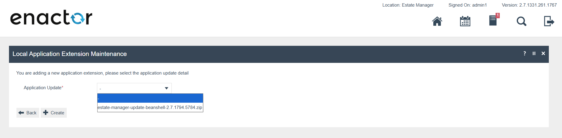 Local Application Extension Maintenance Application Update dropdown showing the available uploaded package