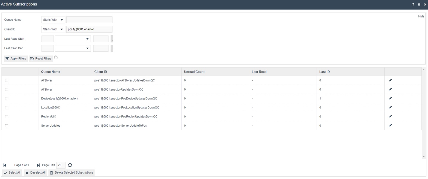 Active Subscriptions page filtered to Client ID pos1@0001.enactor, showing subscriptions to AllStores, Device, Location(0001), Region(UK) and ServerUpdates queues with Unread Count of 0.