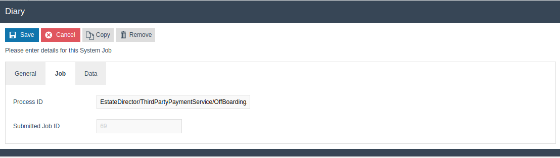 Diary Entry Maintenance Job tab with the Process ID field set to EstateDirector/ThirdPartyPaymentService/OffBoardingAdyenMPOCAp.