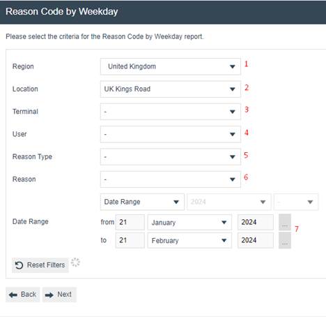 Reason Code by Weekday filter criteria screen showing Region set to United Kingdom, Location set to UK Kings Road, Terminal dropdown, User dropdown, Reason Type dropdown, Reason dropdown, Date Range fields with from 21 January 2024 to 21 February 2024, Reset Filters button, Back and Next buttons