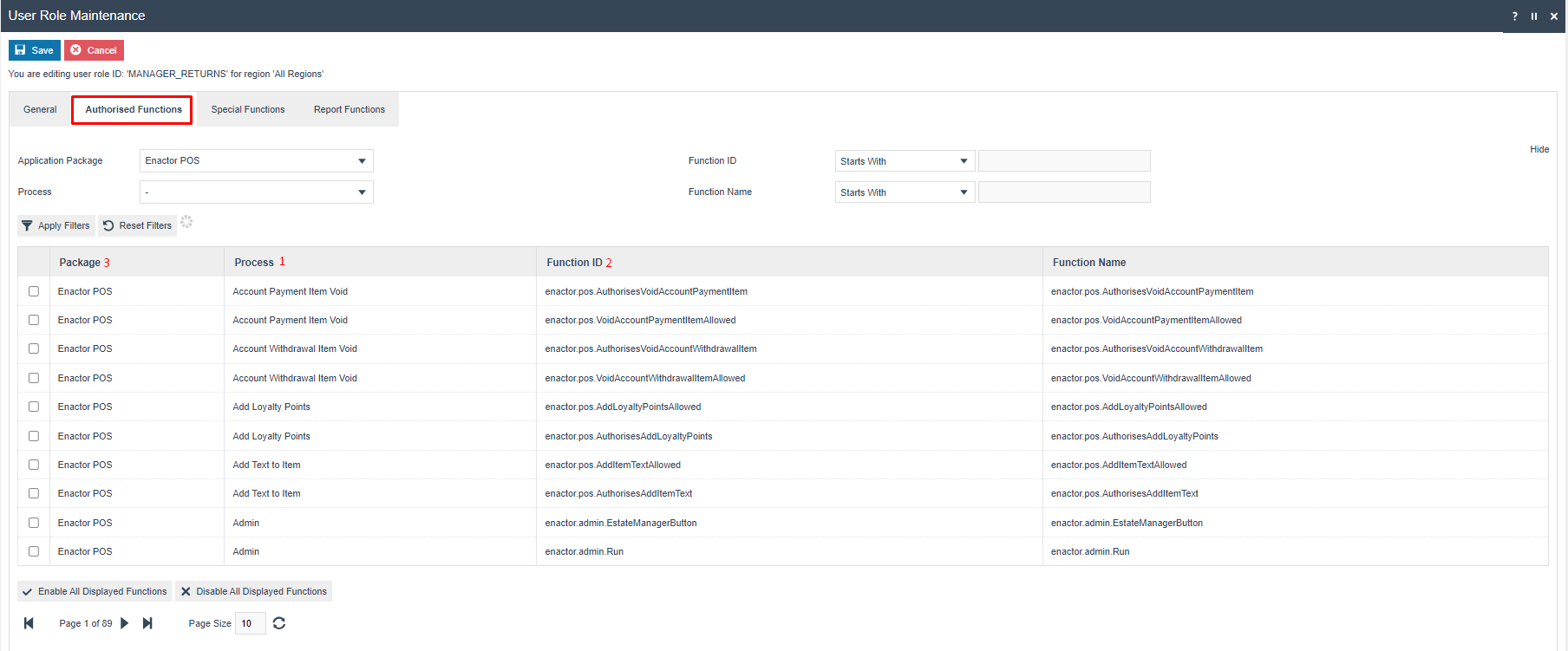 User Role Maintenance Authorised Functions tab showing Enactor POS package selected with a list of all processes and functions available for enabling.