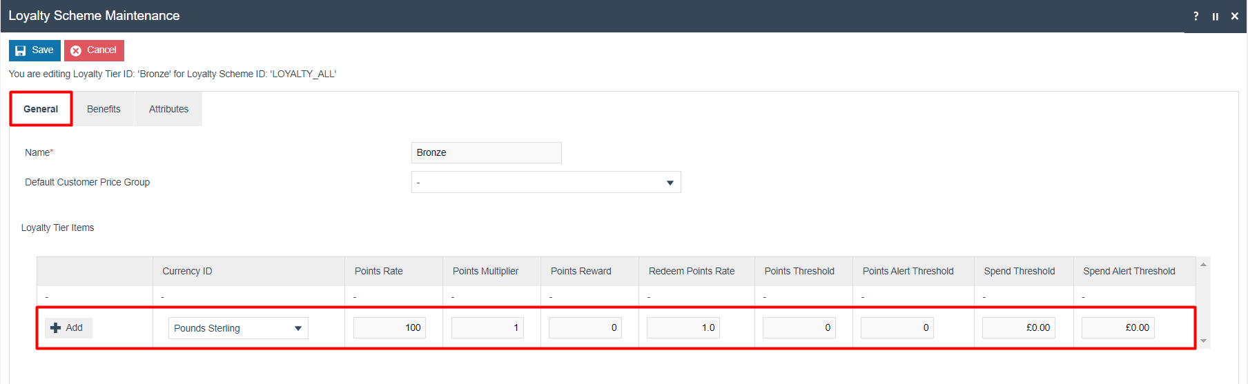 Loyalty Tier General sub-tab showing configuration fields for currency, points rates, and thresholds.