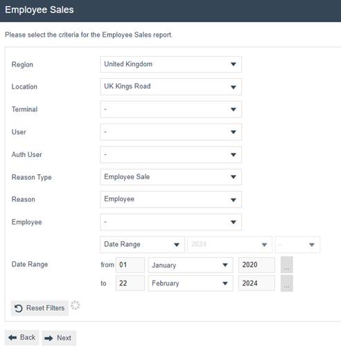 Employee Sales filter screen with Region set to United Kingdom, Location set to UK Kings Road, Terminal, User, Auth User, and Employee set to default, Reason Type set to Employee Sale, Reason set to Employee, and Date Range from 01 January 2020 to 22 February 2024.