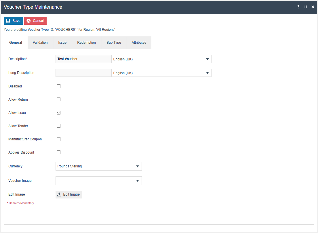 Voucher Type Maintenance General tab with the Allow Issue option selected and Voucher Image dropdown