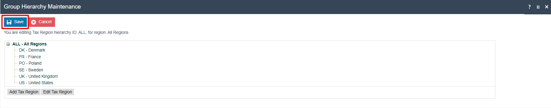 Group Hierarchy Maintenance showing the updated hierarchy with UK - United Kingdom added. Save button is highlighted.
