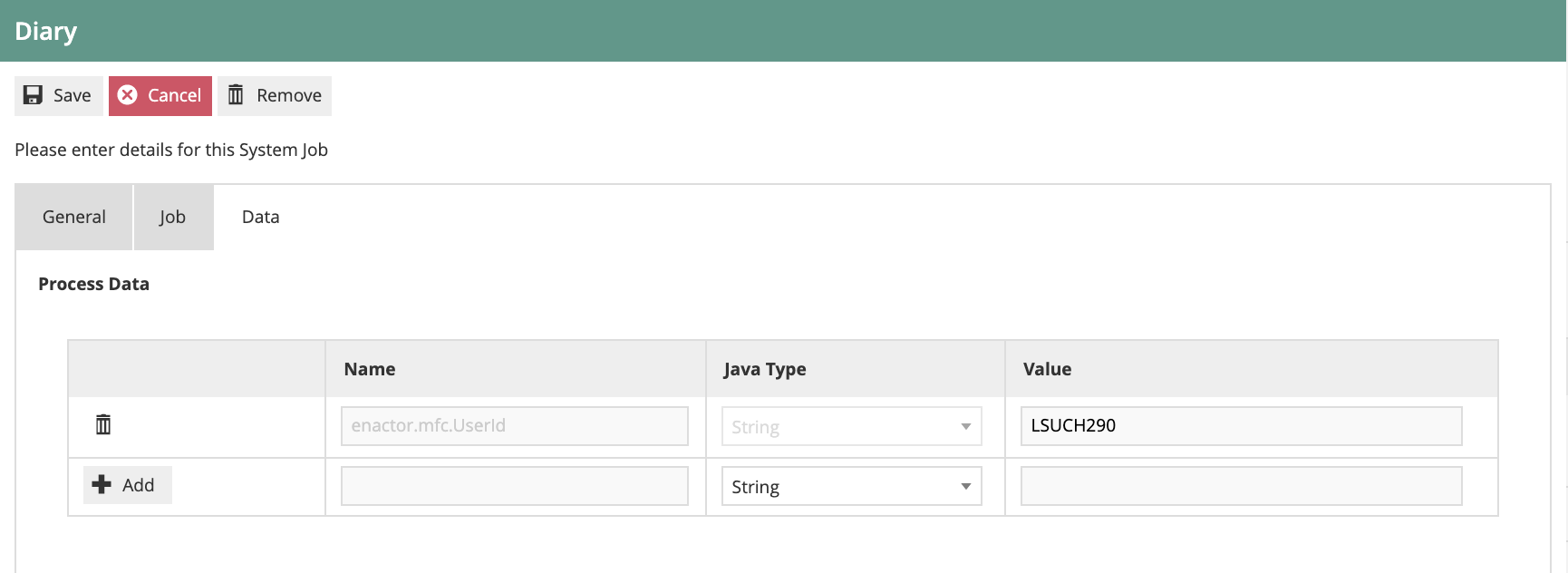 Diary entry Data tab showing enactor.mfc.UserId parameter set to LSUCH290