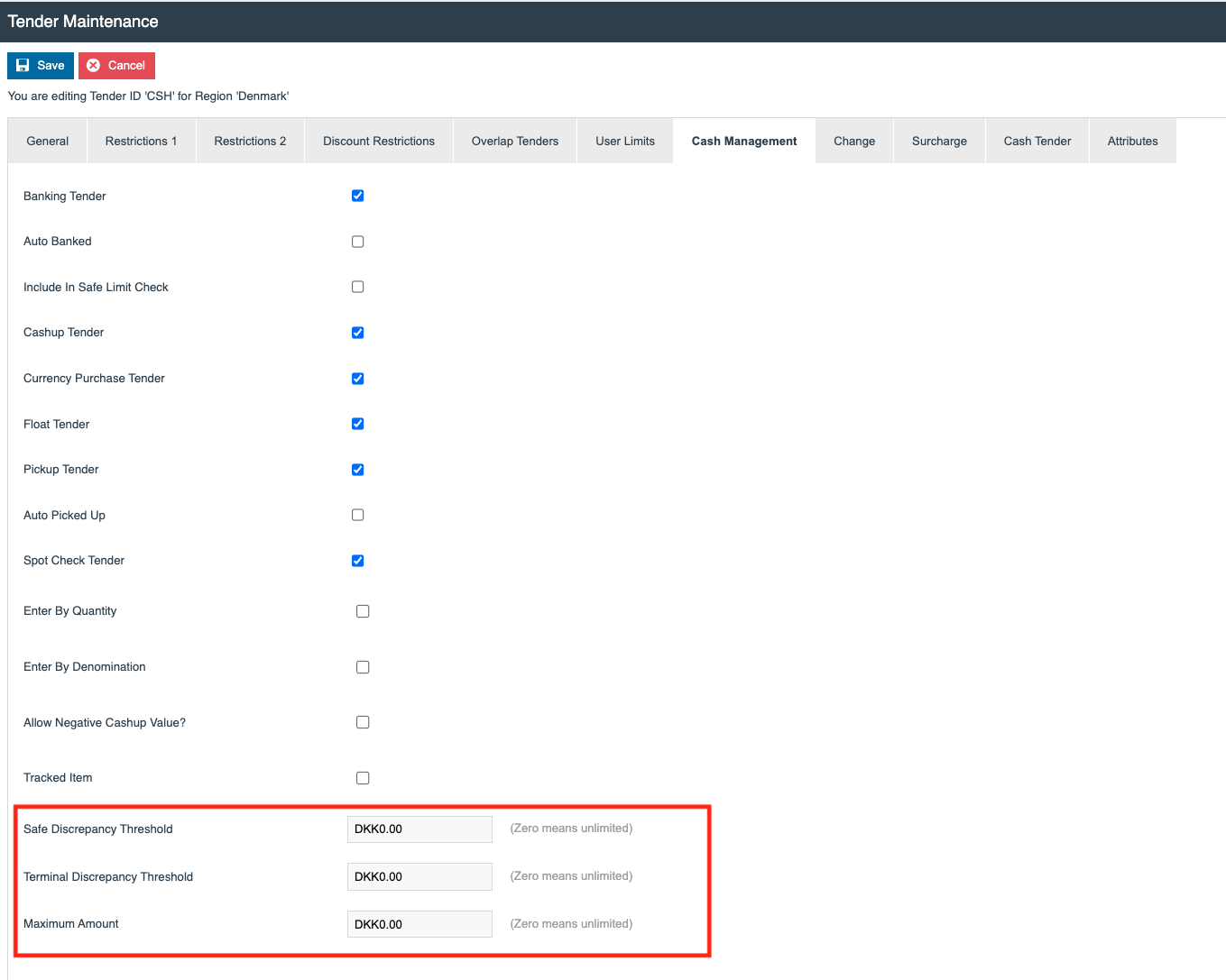 Tender Cash Management tab