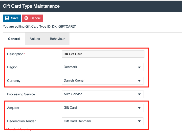 Gift Card Type General tab