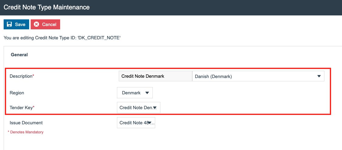 Credit Note Type General tab