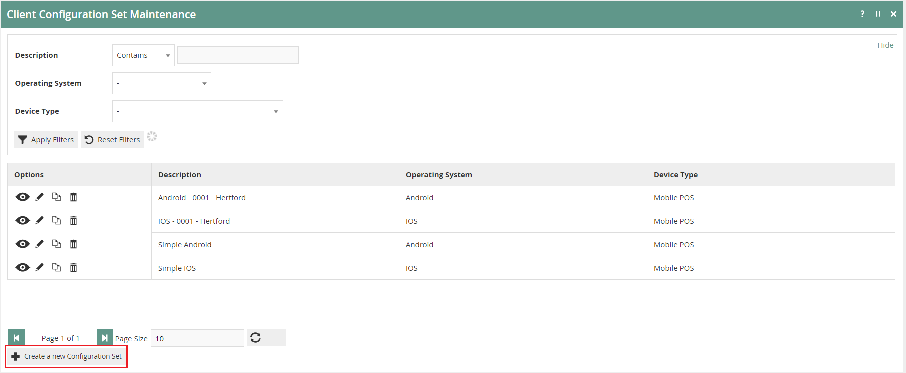 Client Configuration Set Maintenance list showing existing configuration sets