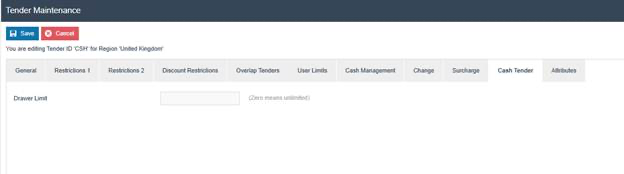 Tender Maintenance Cash Tender tab. The Drawer Limit field is empty, indicating no limit is set.