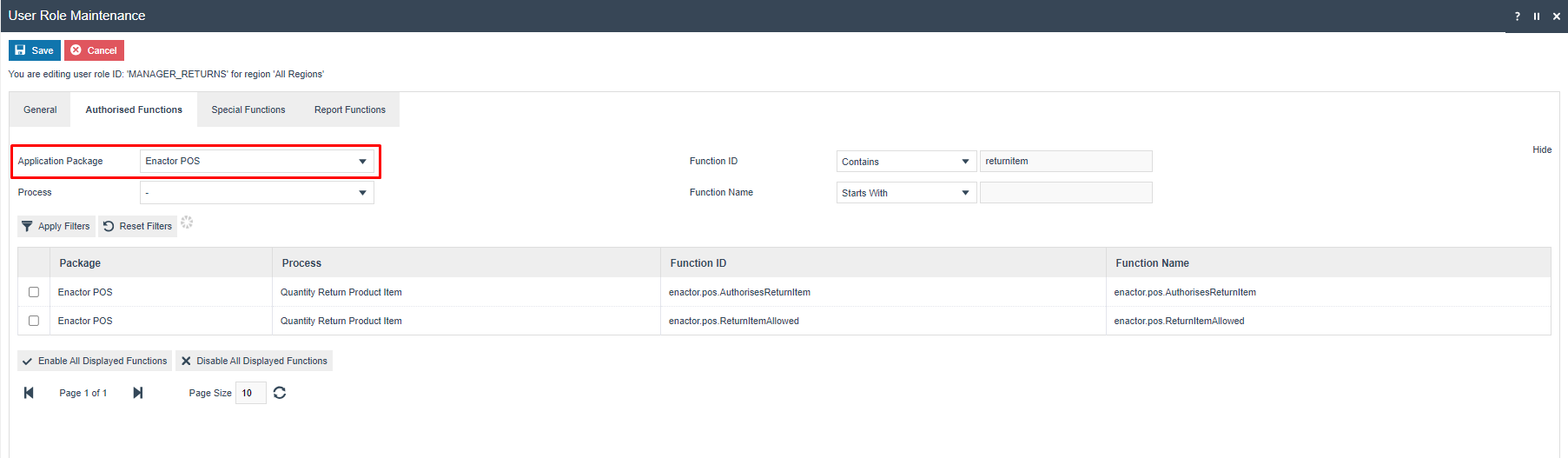 User Role Maintenance Authorised Functions tab filtered to show returnitem functions with both AuthorisesReturnItem and ReturnItemAllowed privileges unchecked.