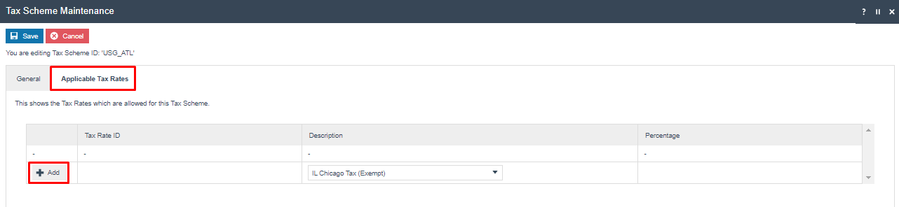 screenshot: Tax Scheme Applicable Tax Rates tab - empty