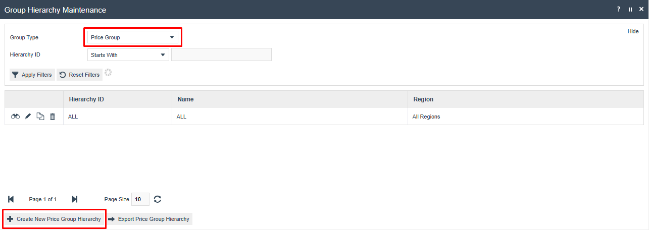 Group Hierarchy Maintenance with Group Type set to Price Group. One entry listed with Hierarchy ID ALL, Name ALL, Region All Regions. Create New Price Group Hierarchy option is highlighted.