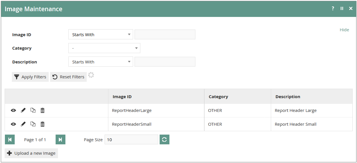 Images Maintenance select page listing currently configured images with management options