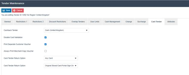 Tender Maintenance Card Tender tab. Cashback Tender is set to 'Cash (United Kingdom)'. Disable Card Validation and Print Separate Customer Voucher are checked. Card Tender Return Option is 'Any Card'.