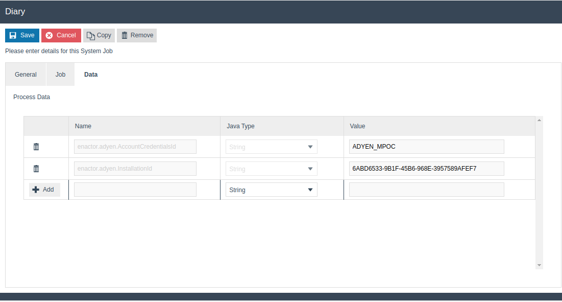 Diary Entry Maintenance Data tab showing two String process data entries: enactor.adyen.AccountCredentialsId and enactor.adyen.InstallationId.