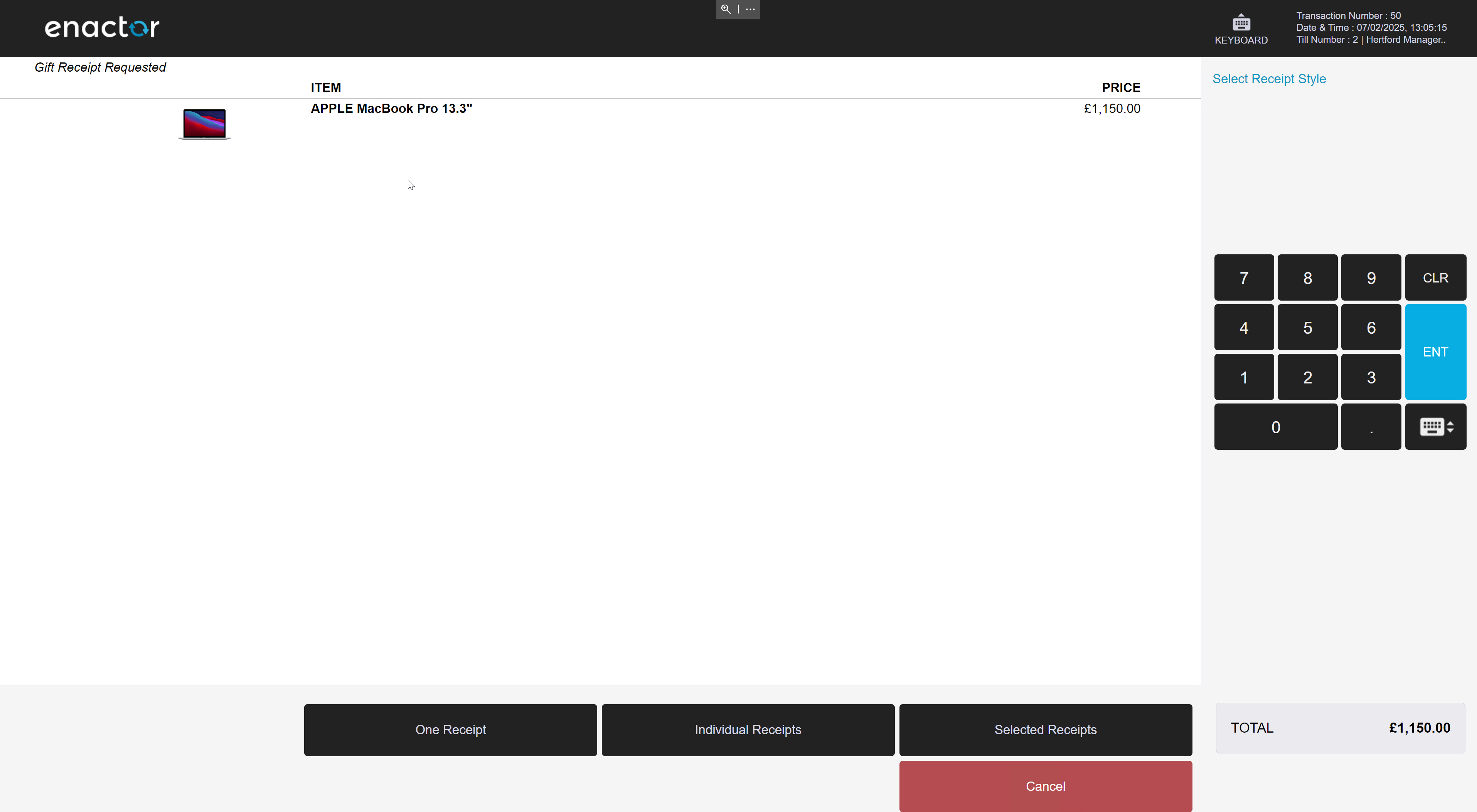 POS receipt style selection screen showing available receipt options after completing a transaction