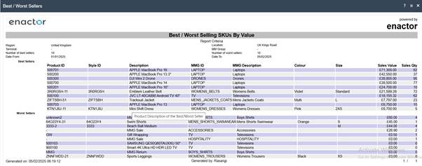 Best / Worst Sellers by Value report summary showing product details with sales value and quantity columns.