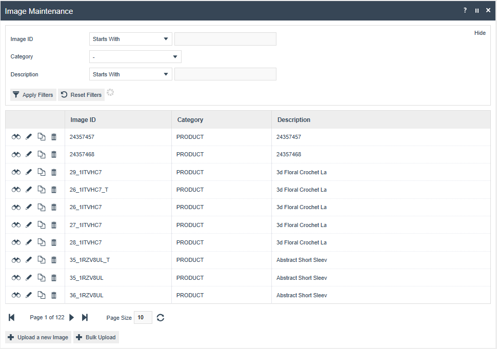 Images Maintenance select page listing currently configured images with management options