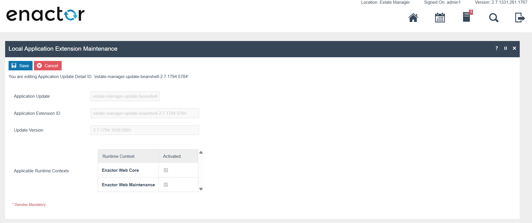 Local Application Extension Maintenance auto-populated fields, showing Application Update, Application Extension ID, Update Version, and Applicable Runtime Contexts