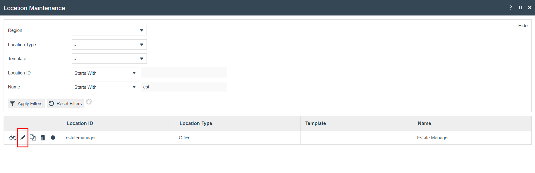 Location Maintenance list filtered to show the Estate Manager location with Location ID estatemanager, Location Type Office. The edit icon is highlighted.