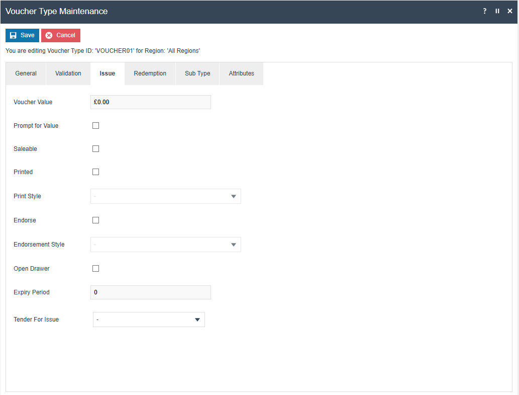Voucher Type Maintenance Issue tab showing Saleable, Voucher Value, Prompt for Value, Printed, Print Style, and Expiry Period fields
