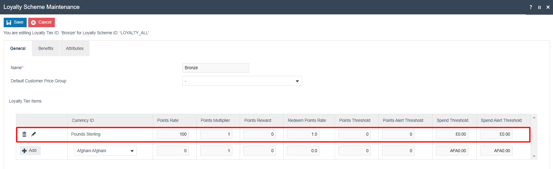 Loyalty Tier General sub-tab with Bronze Tier example values entered and the Add button.