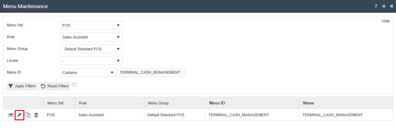 Menu Maintenance filter view with Menu Set POS, Role 'Pos Cash Management', Menu Group 'United Kingdom', and Menu ID 'TERMINAL_CASH_MANAGEMENT'. The Terminal Cash Management menu result is shown.
