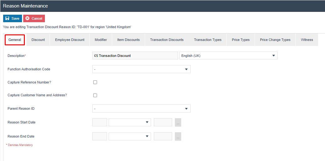 Reason Maintenance General tab for Transaction Discount TD-001. Description is set to 5 Transaction Discount.