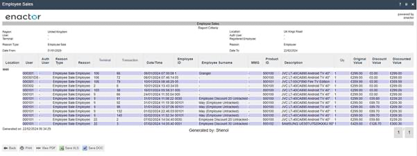 Employee Sales report showing transaction details with Location, User, Auth User, Reason Type, Terminal, Transaction, Date/Time, Employee ID, Employee Surname, MMG, Product ID, Description, Qty, Original Value, Discount Value, and Discounted Value columns.