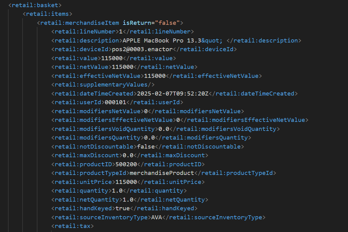 Transaction XML showing standard structure without a supplementaryReference element
