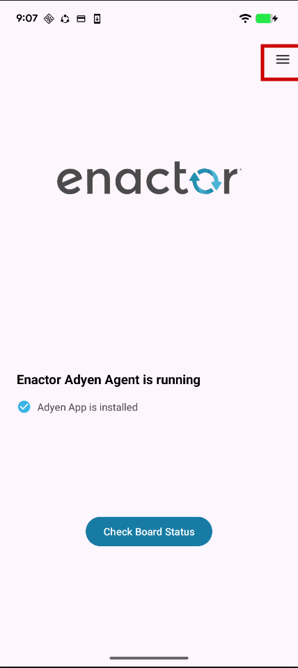 Adyen Agent app home screen with the hamburger menu icon highlighted in the top right corner.